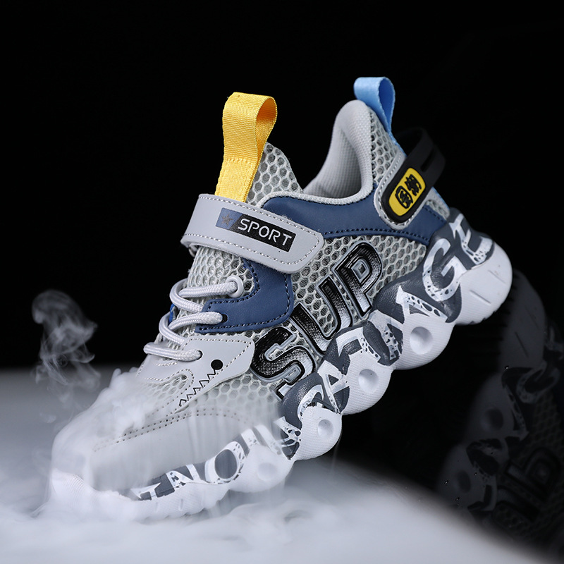 Kids Gray Blue Mesh Sneakers for Summer Walks - Image 3