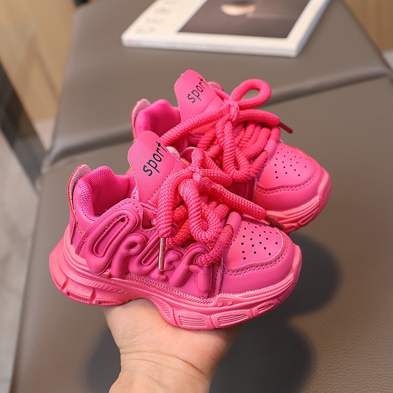 Kids Chunky Sneakers Pink White Rubber Soles - Image 2